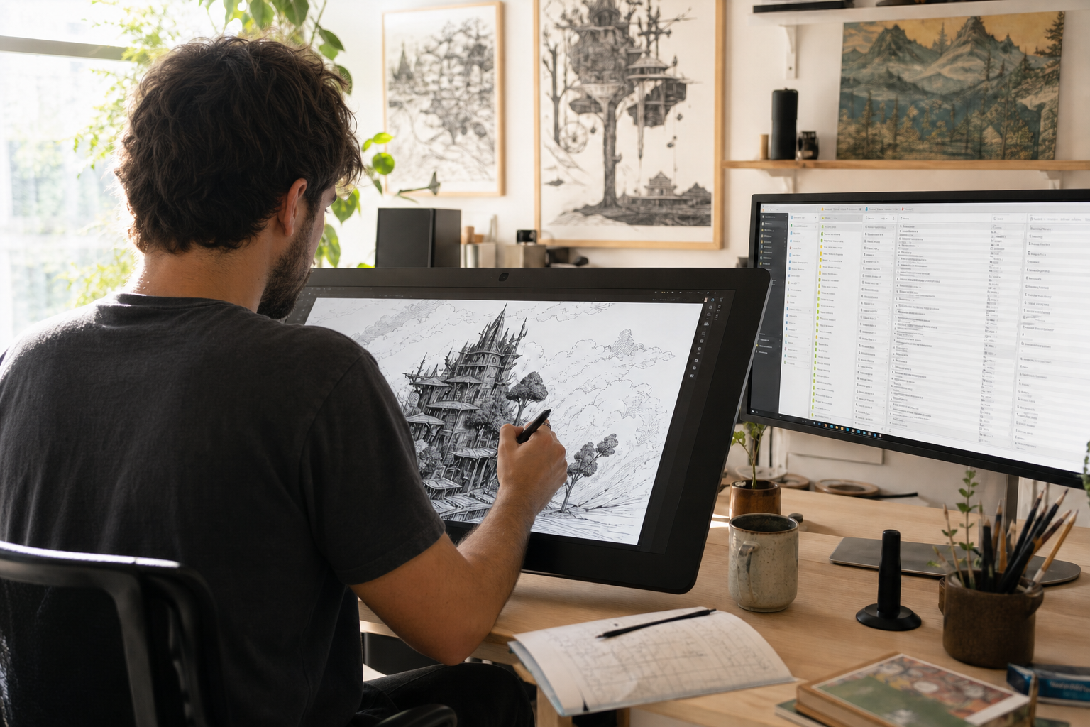 A skilled male designer creating detailed visual work