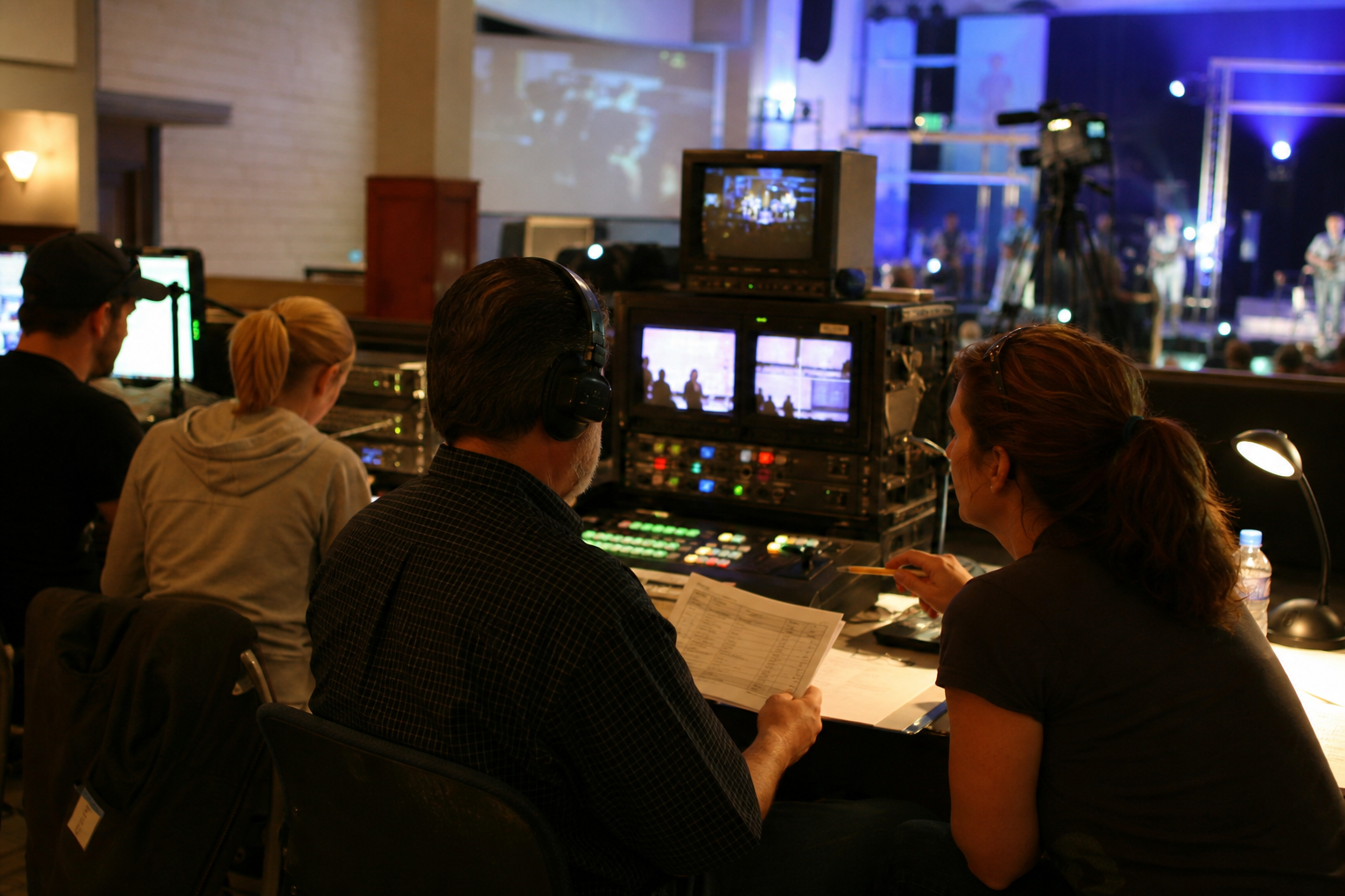 A volunteer live-production team coordinating an event