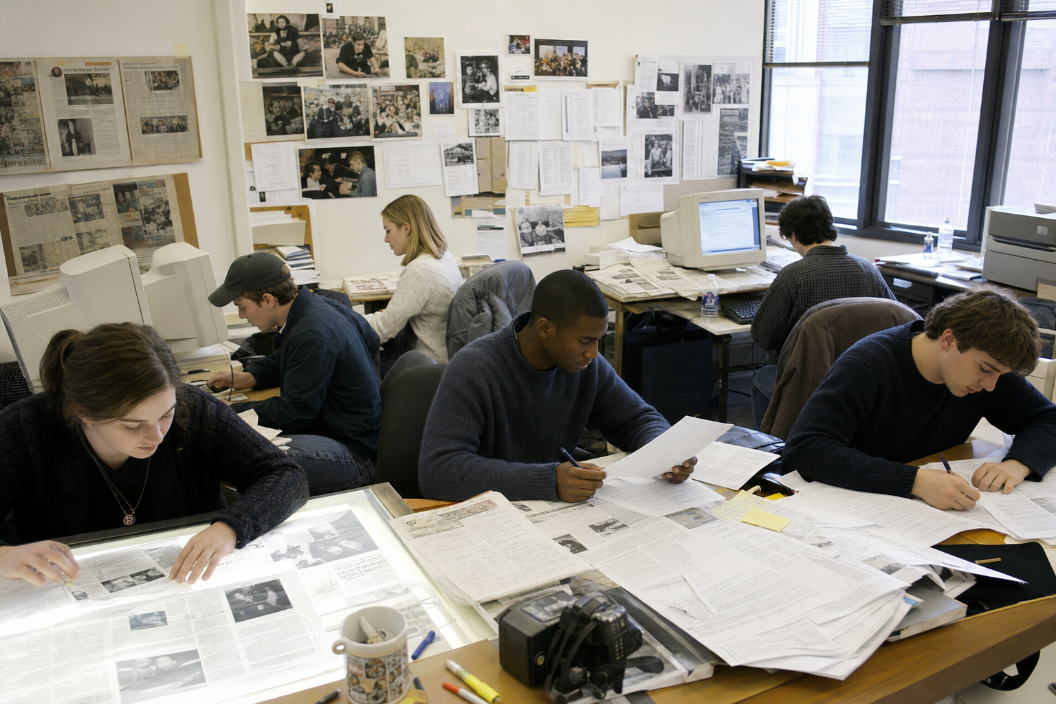 An early-2000s university newsroom in production