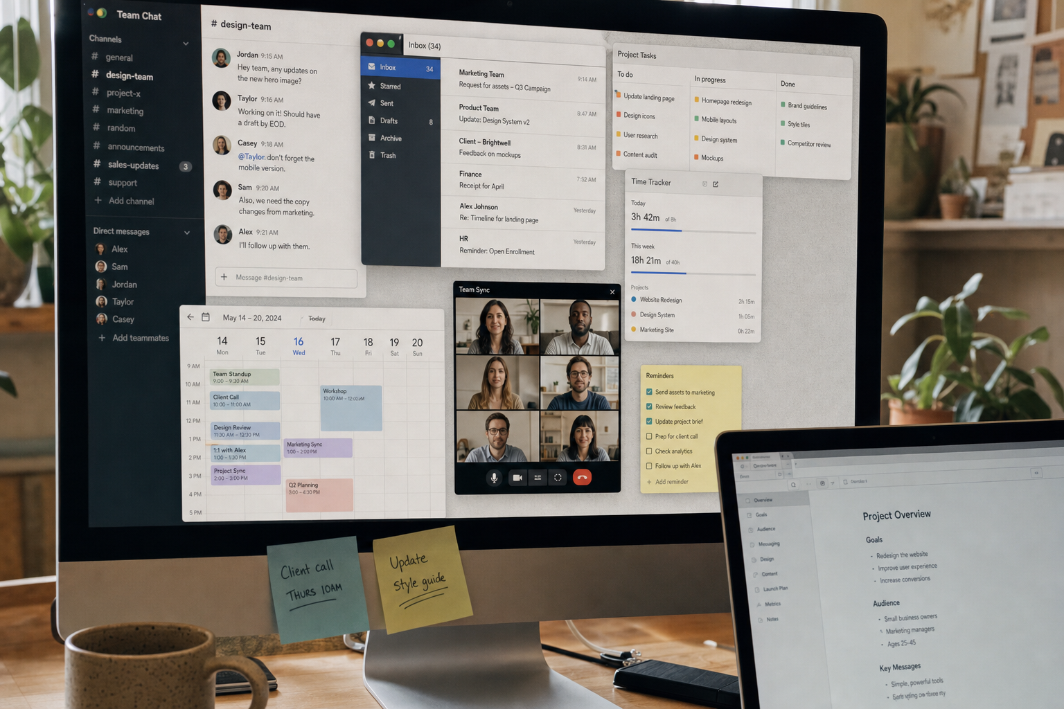 A computer crowded by chat, email, project-management, calendar, meeting, and time-tracking tools