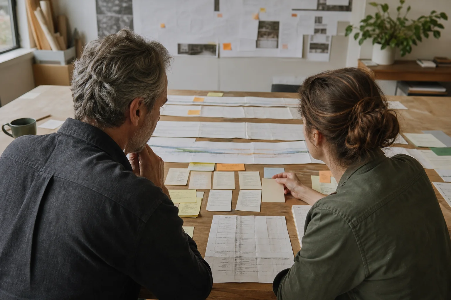 Two colleagues reviewing the full history and changing conditions of a project.