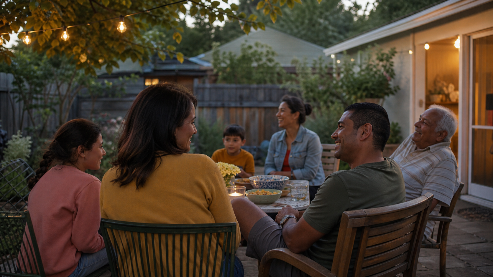 A multi-generational family relaxing together in a backyard