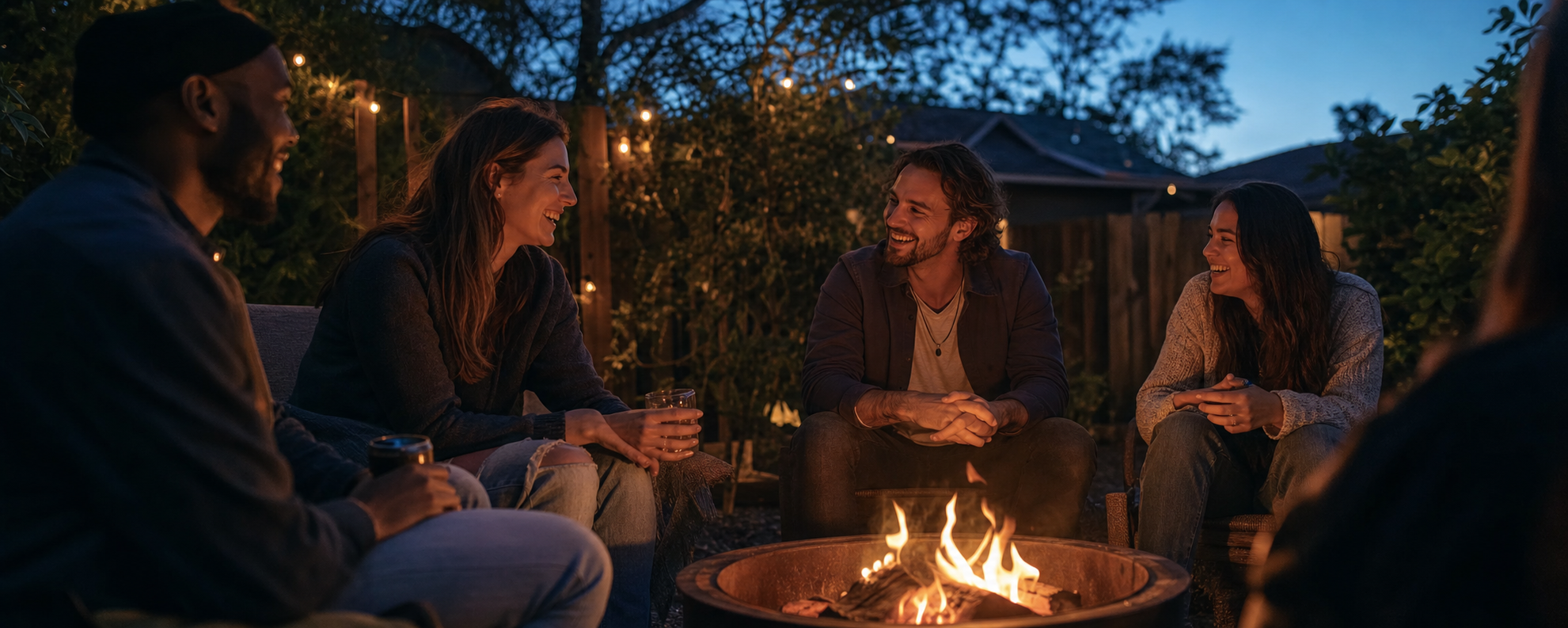 Friends relaxing together around a backyard fire pit