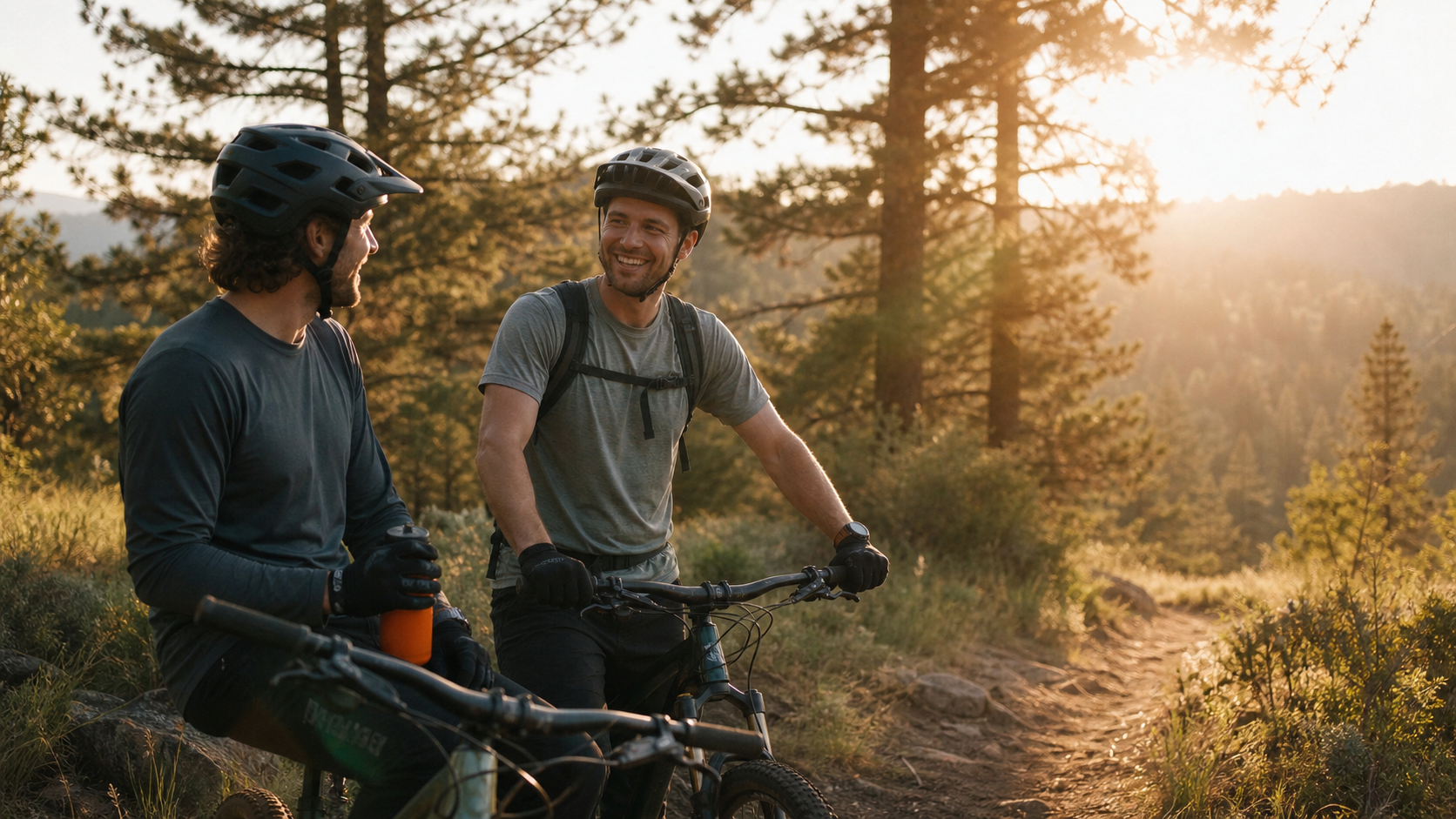 Friends pausing together during an evening bike ride