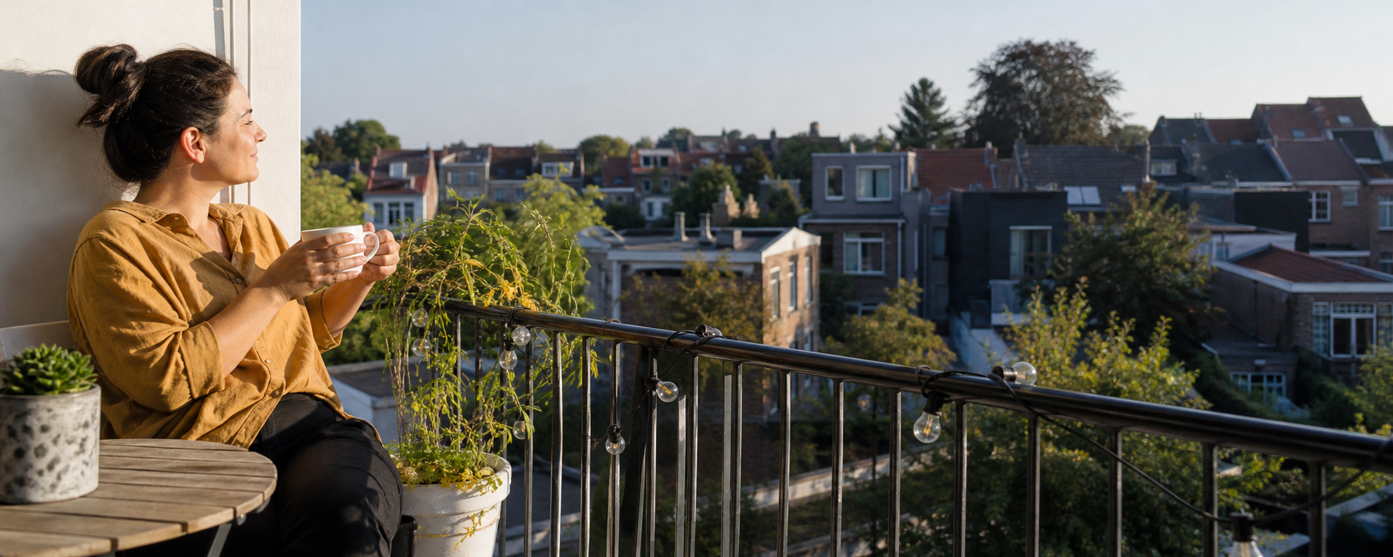 A person enjoying a quiet morning coffee on a balcony