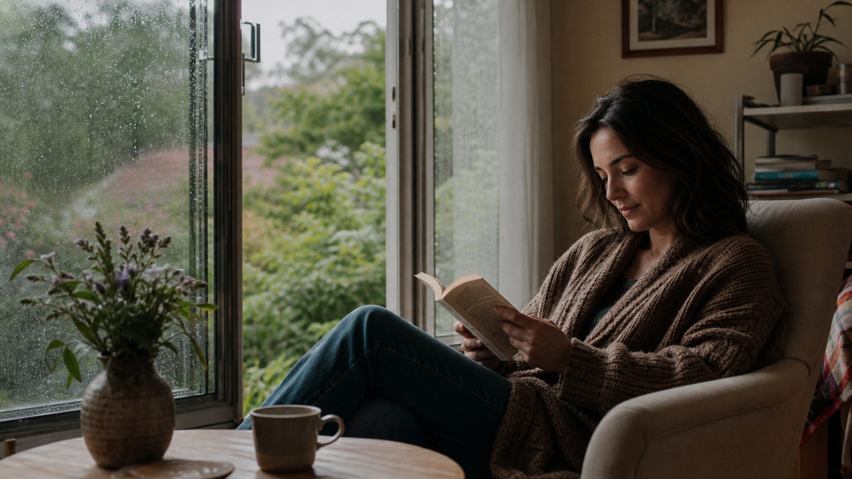 A person reading quietly beside a rainy window