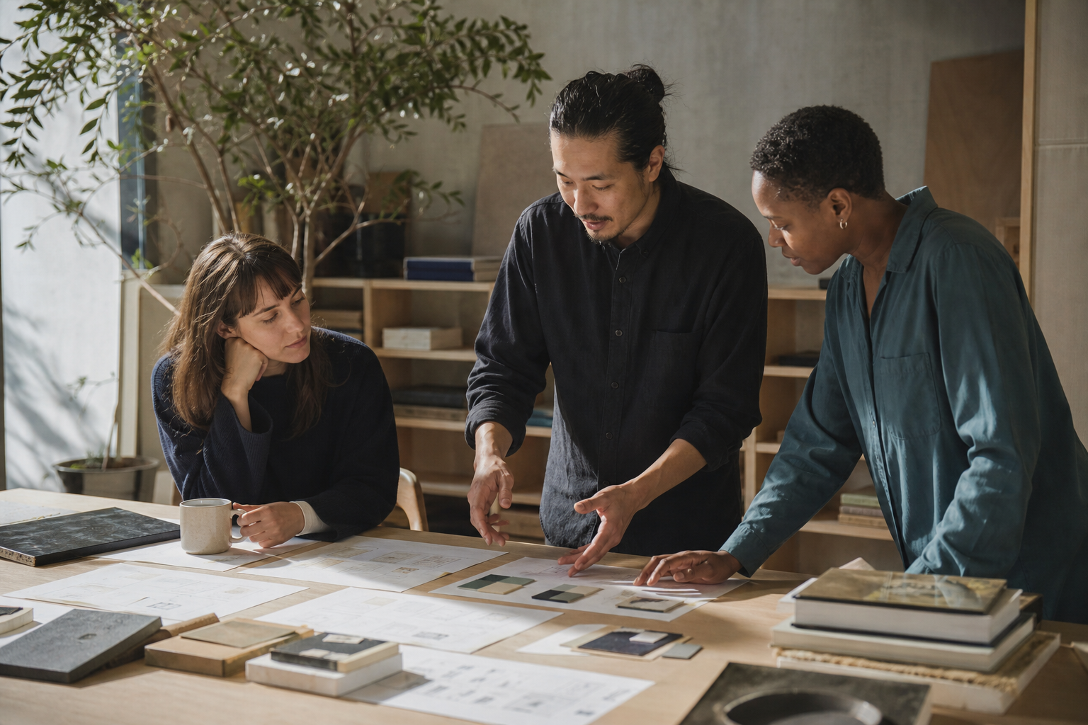 Three colleagues developing shared understanding around project plans in a creative studio